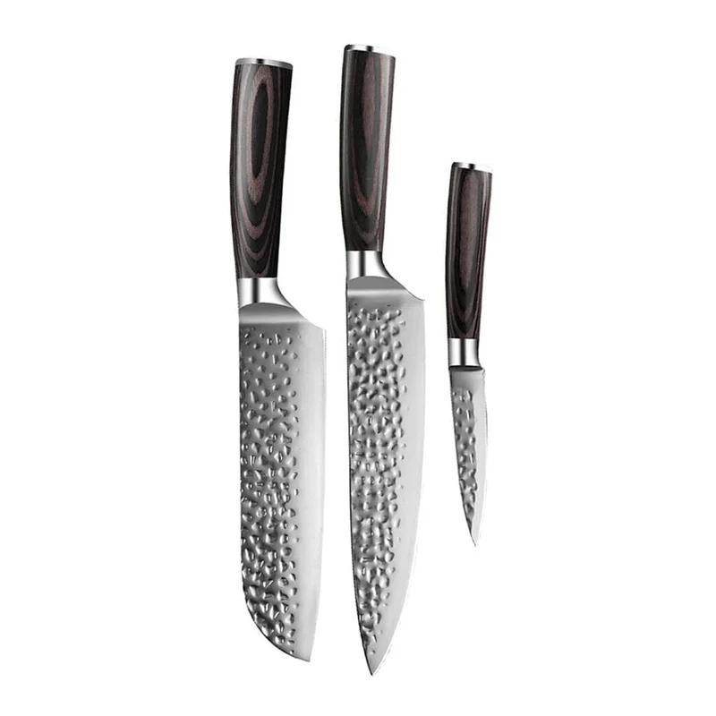 Shinrai Knives - Juego de 3 cuchillos de acero inoxidable martillado: cuchillo de chef, santoku y cuchillo para pelar