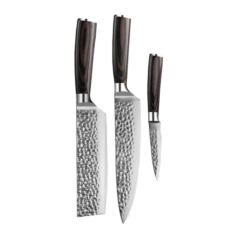 Shinrai Knives - Juego de 3 cuchillos de acero inoxidable martillado: cuchillo de chef, nakiri y cuchillo para pelar