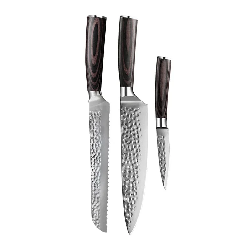 Shinrai Knives - Juego de 3 cuchillos de acero inoxidable martillado: cuchillo de chef, cuchillo de pan y cuchillo para pelar