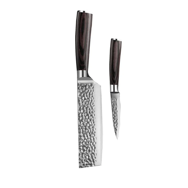 Shinrai Knives - Juego de 2 cuchillos de acero inoxidable martillado: nakiri y cuchillo para pelar