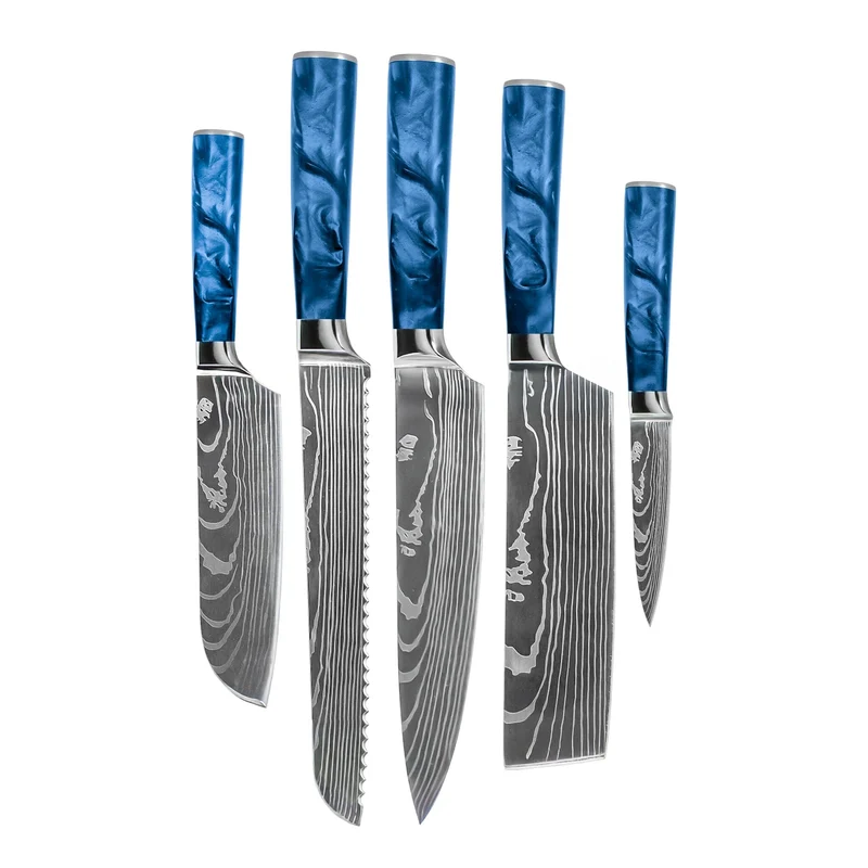 Shinrai Knives - Juego de 5 cuchillos de zafiro epoxi con estampado de Damasco: cuchillo de chef, cuchillo de pan, nakiri, santoku pequeño y cuchillo para pelar