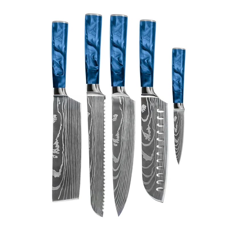 Shinrai Knives - Juego de 5 cuchillos de zafiro epoxi con estampado de Damasco: cuchillo de chef, cuchillo de pan, nakiri, santoku y cuchillo para pelar