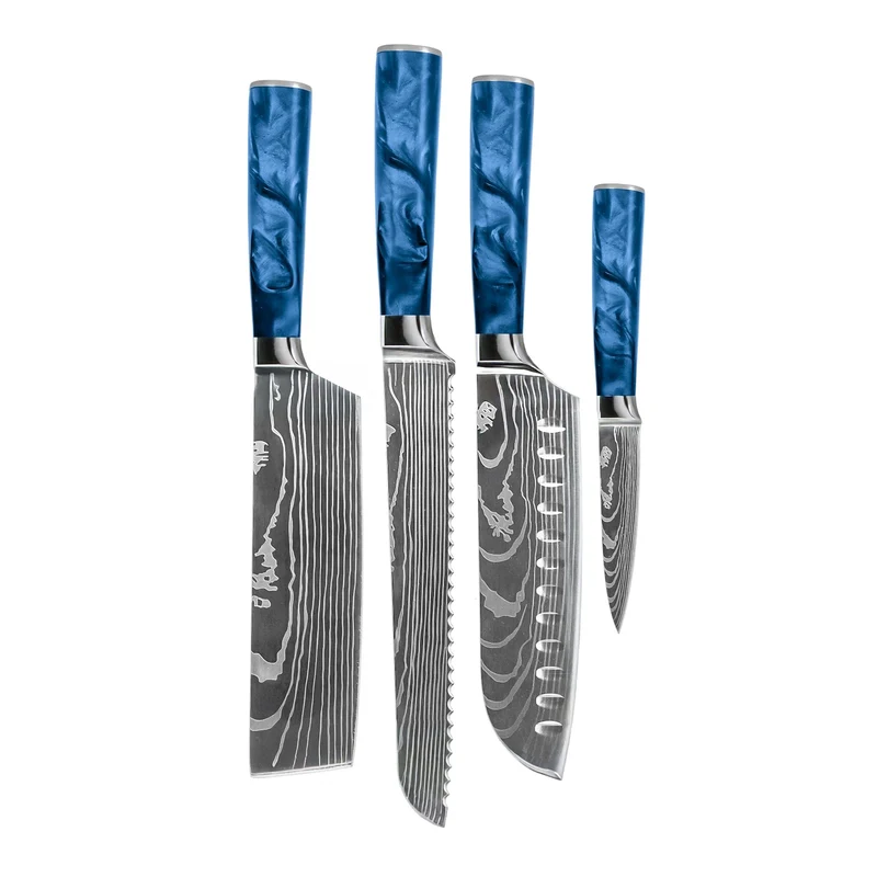 Shinrai Knives - Juego de 4 cuchillos de zafiro epoxi con estampado de Damasco: Santoku, cuchillo de pan, nakiri y cuchillo para pelar