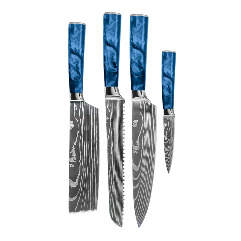 Shinrai Knives - Juego de 4 cuchillos de zafiro epoxi con estampado de Damasco: cuchillo de chef, cuchillo de pan, nakiri y cuchillo para pelar