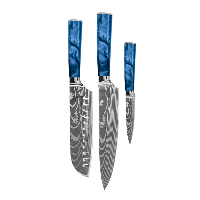 Shinrai Knives - Juego de 3 cuchillos de epoxy zafiro con estampado de Damasco: cuchillo de chef, santoku y cuchillo para pelar