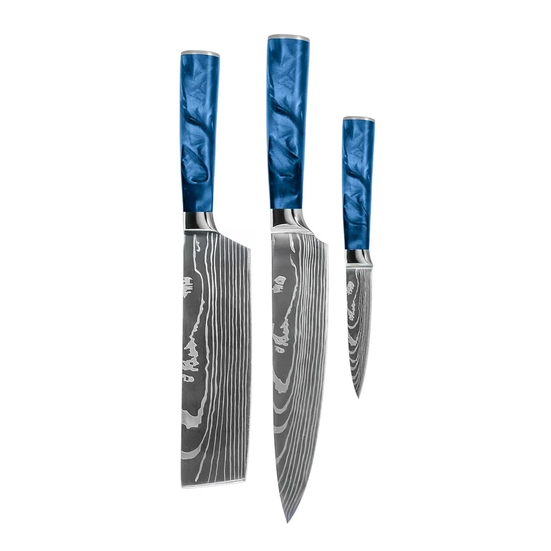 Shinrai Knives - Juego de 3 cuchillos de zafiro epoxi con estampado de Damasco: cuchillo de chef, nakiri y cuchillo para pelar