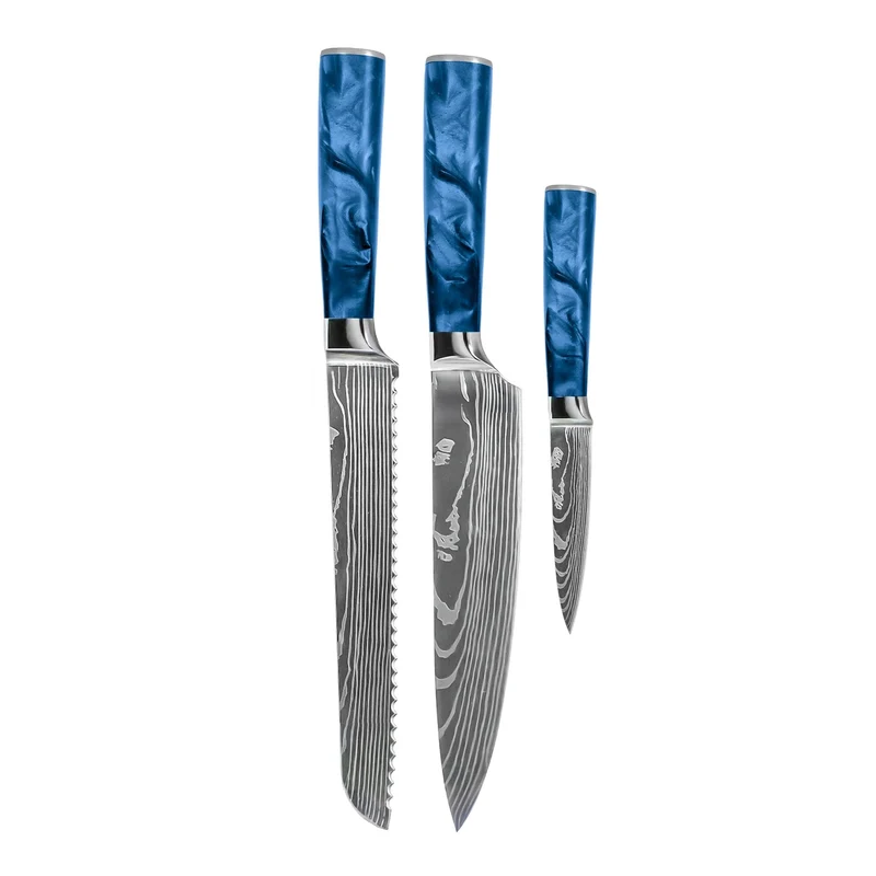 Shinrai Knives - Juego de 3 cuchillos de zafiro epoxi con estampado de Damasco: cuchillo de chef, cuchillo de pan y cuchillo para pelar
