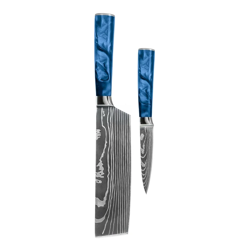Shinrai Knives - Juego de 2 cuchillos de zafiro epoxi con estampado de Damasco (nakiri + cuchillo para pelar)