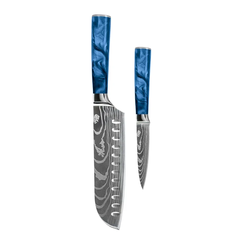 Shinrai Knives - Juego de 2 cuchillos de epoxy zafiro con estampado de Damasco (Santoku + cuchillo para pelar)