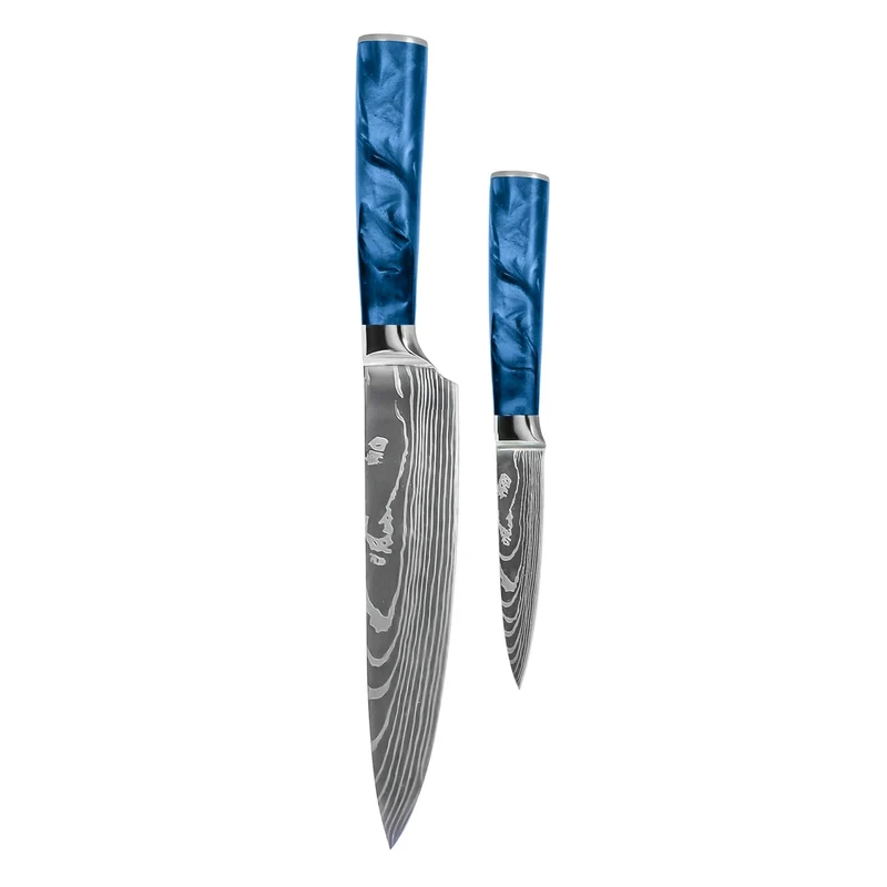 Shinrai Knives - Juego de 2 cuchillos de zafiro epoxi con estampado de Damasco - Cuchillo de chef + cuchillo para pelar