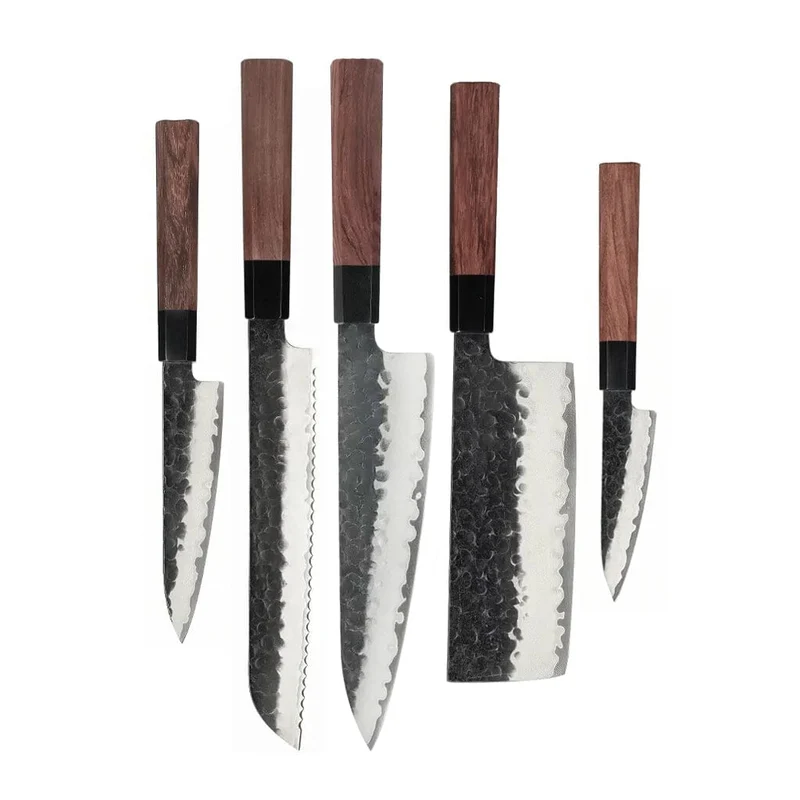 Shinrai Knives - Juego de cuchillos Damasco Kurayami de 5 piezas - Cuchillo de chef + Cuchillo de pan + Cuchillo Nakiri + Cuchillo de oficina + Cuchillo de pelar