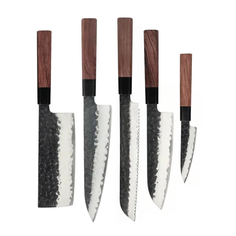 Shinrai Knives - Juego de cuchillos Damasco Kurayami de 5 piezas - Cuchillo de chef + Cuchillo para pan + Nakiri + Santoku + Cuchillo pelador