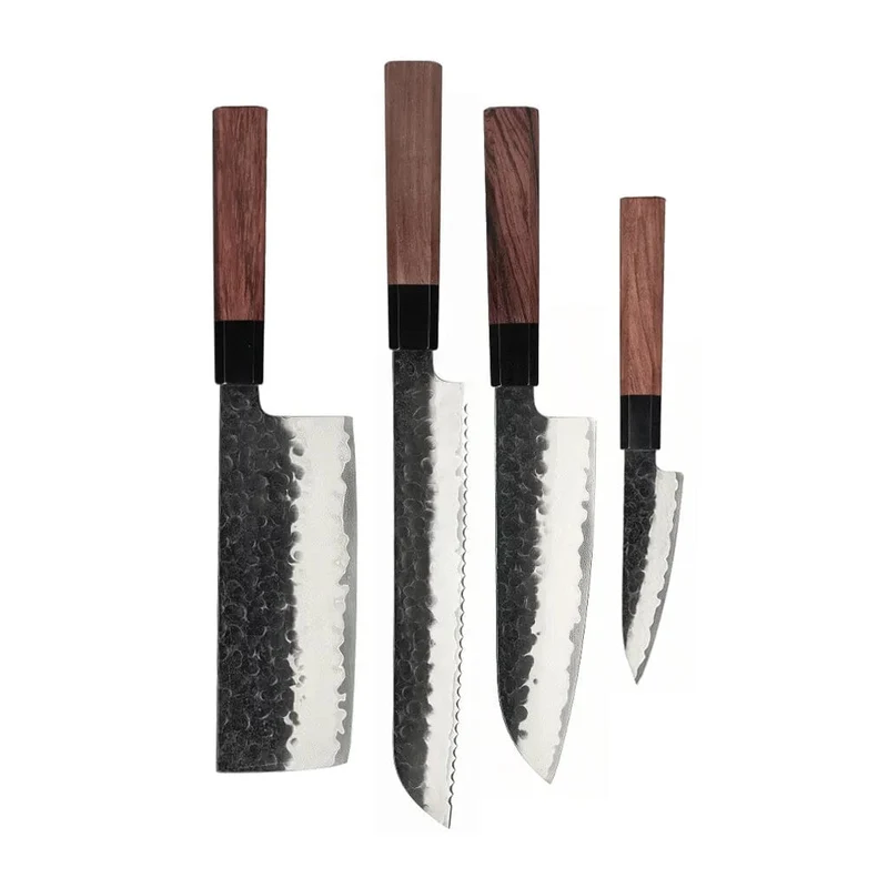 Shinrai Knives - Juego de cuchillos Damasco Kurayami de 4 piezas - Santoku + Cuchillo para pan + Nakiri + Cuchillo pelador