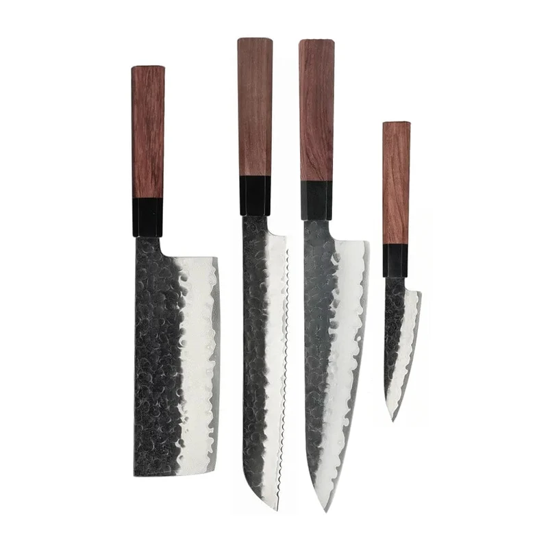 Shinrai Knives - Juego de cuchillos Damasco Kurayami de 4 piezas - Cuchillo de chef + Cuchillo para pan + Nakiri + Cuchillo pelador