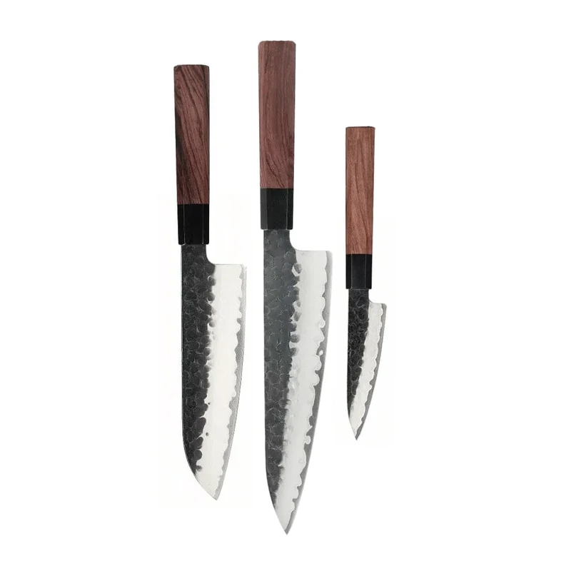 Shinrai Knives - Juego de cuchillos Damasco Kurayami de 3 piezas - Cuchillo de chef + Santoku + Cuchillo pelador
