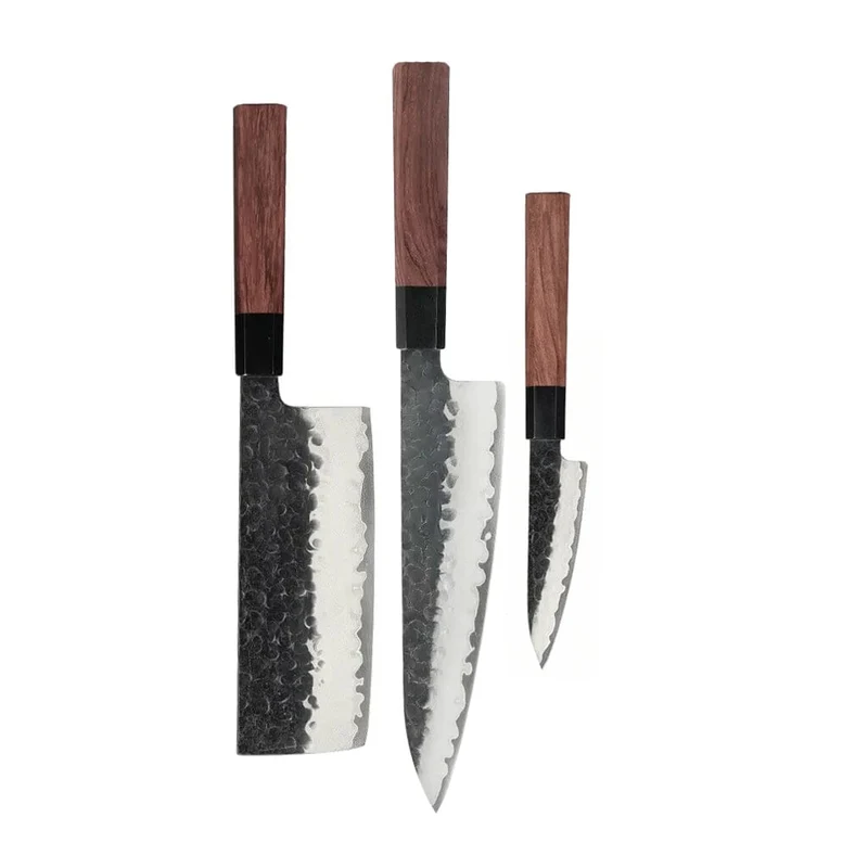Shinrai Knives - Juego de cuchillos Damasco Kurayami de 3 piezas - Cuchillo de chef + Nakiri + cuchillo pelador