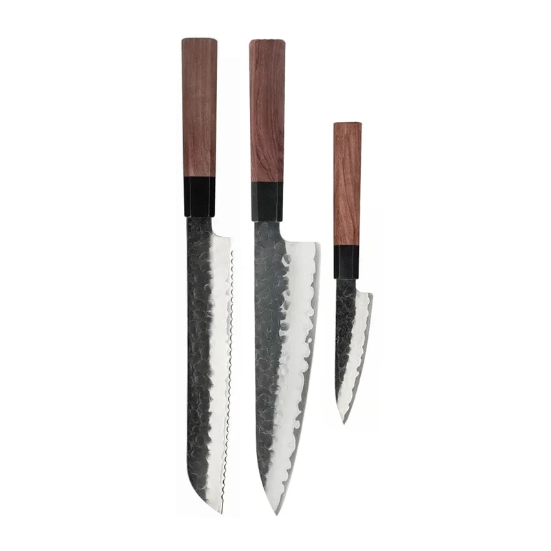 Shinrai Knives - Juego de 3 cuchillos de Damasco Kurayami: cuchillo de chef, cuchillo de pan y cuchillo para pelar