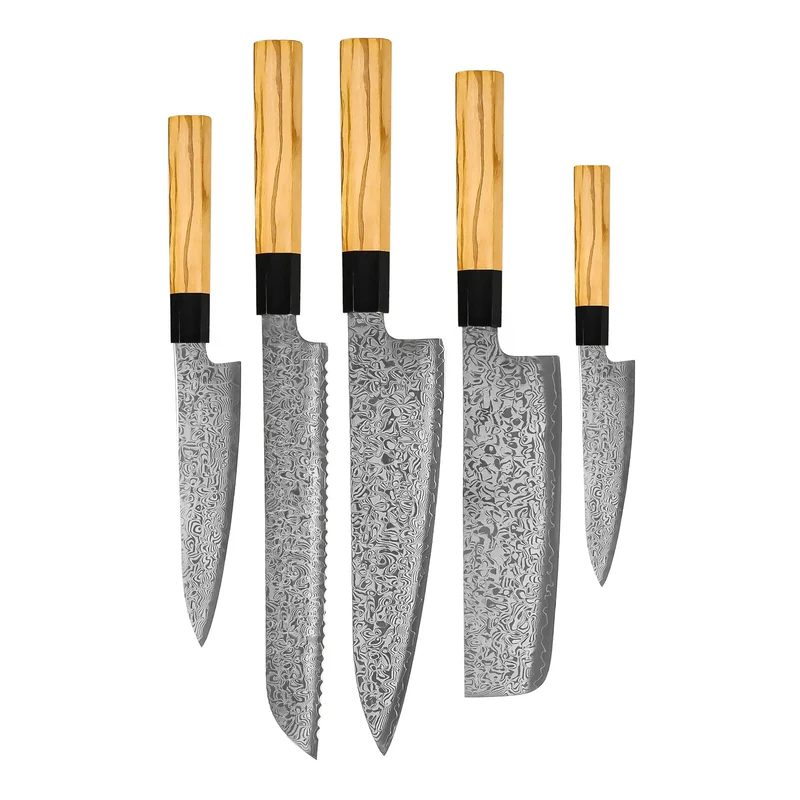 Shinrai Knives - Juego de cuchillos damasco Takumi Kaza de 5 piezas - Cuchillo de chef + Cuchillo para pan + Cuchillo Nakiri + Cuchillo de oficina + Cuchillo de pelar