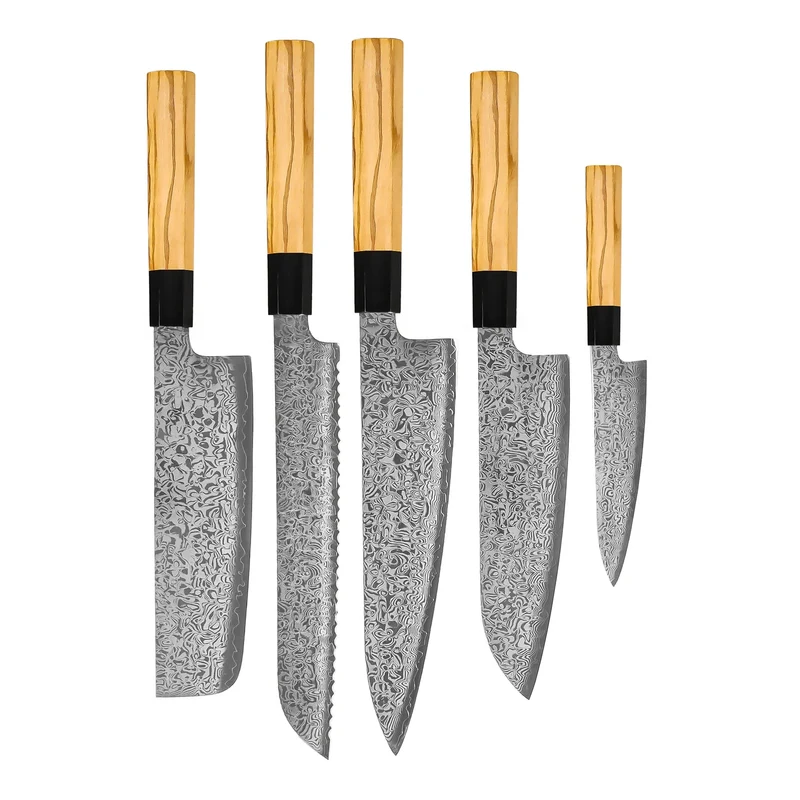 Shinrai Knives - Juego de cuchillos Damasco Takumi Kaza de 5 piezas - Cuchillo de chef + Cuchillo para pan + Nakiri + Santoku + Cuchillo pelador
