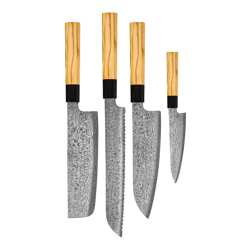 Shinrai Knives - Juego de cuchillos Damasco Takumi Kaza de 4 piezas - Santoku + Cuchillo para pan + Nakiri + Cuchillo pelador