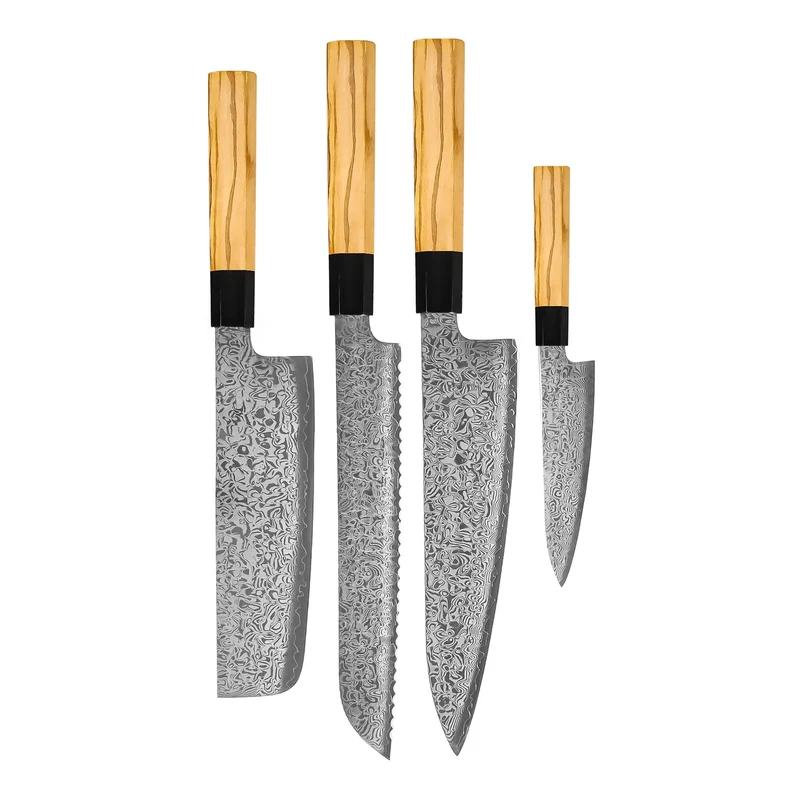 Shinrai Knives - Juego de cuchillos damasco Takumi Kaza de 4 piezas - Cuchillo de chef + Cuchillo para pan + Nakiri + Cuchillo pelador