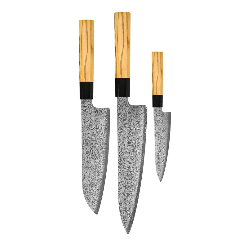 Shinrai Knives - Juego de cuchillos Damasco Takumi Kaza de 3 piezas - Cuchillo de chef + Santoku + Cuchillo pelador