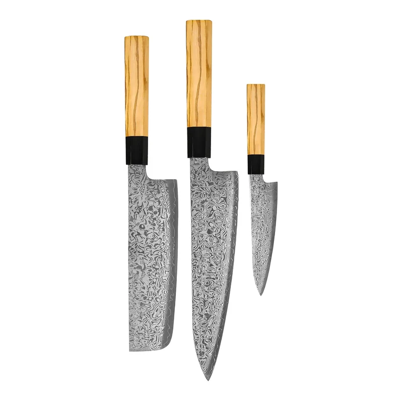 Shinrai Knives - Juego de cuchillos Damasco Takumi Kaza de 3 piezas - Cuchillo de chef + Nakiri + cuchillo pelador