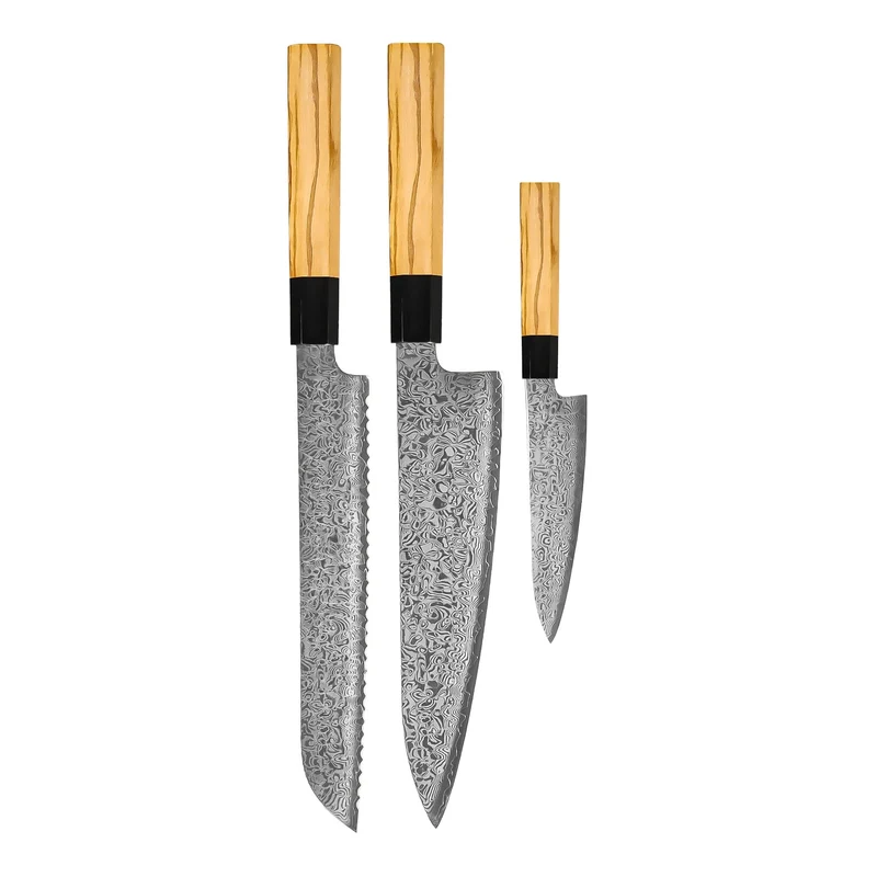 Shinrai Knives - Juego de 3 cuchillos de Damasco Takumi Kaza: cuchillo de chef, cuchillo de pan y cuchillo para pelar