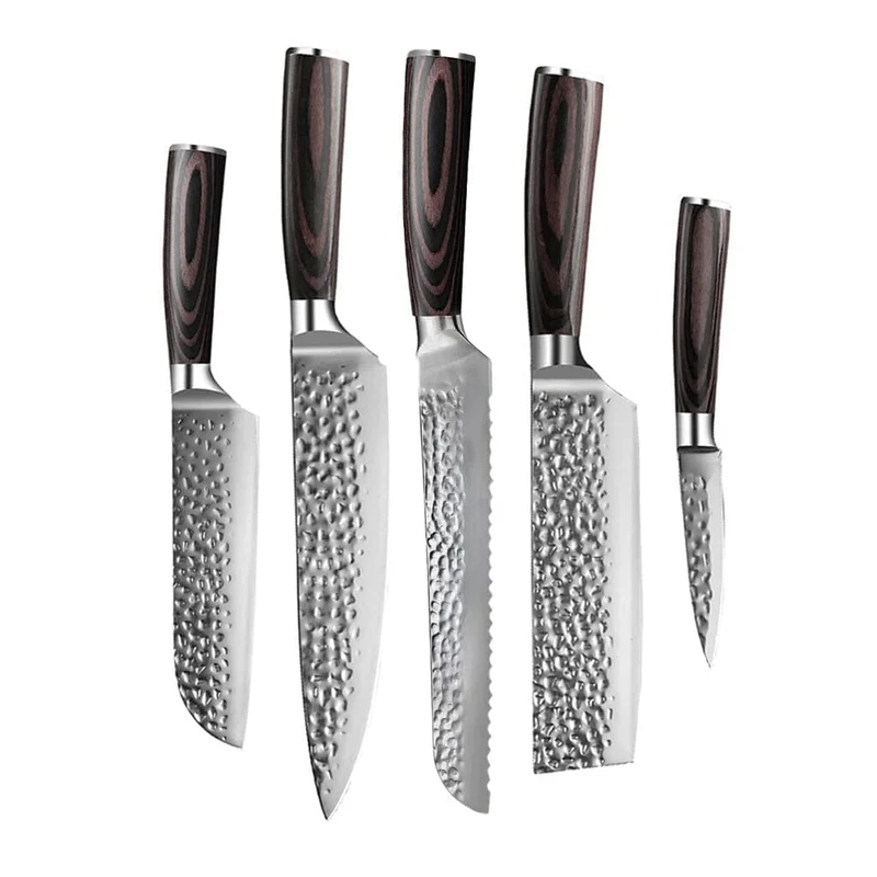 Shinrai Knives - Juego de 5 cuchillos de acero inoxidable martillado: cuchillo de chef, cuchillo de pan, nakiri, santoku pequeño y cuchillo para pelar