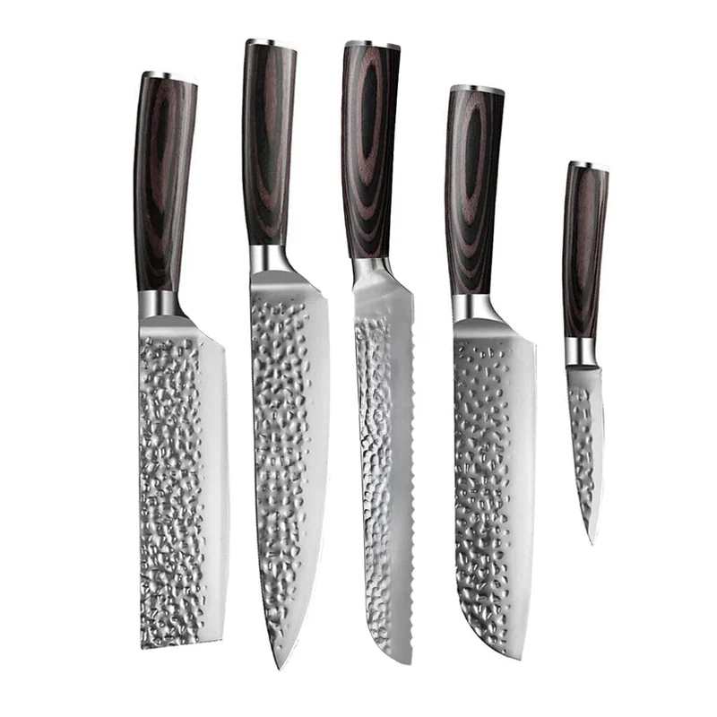 Shinrai Knives - Juego de 5 cuchillos de acero inoxidable martillado: cuchillo de chef, cuchillo de pan, nakiri, santoku y cuchillo para pelar