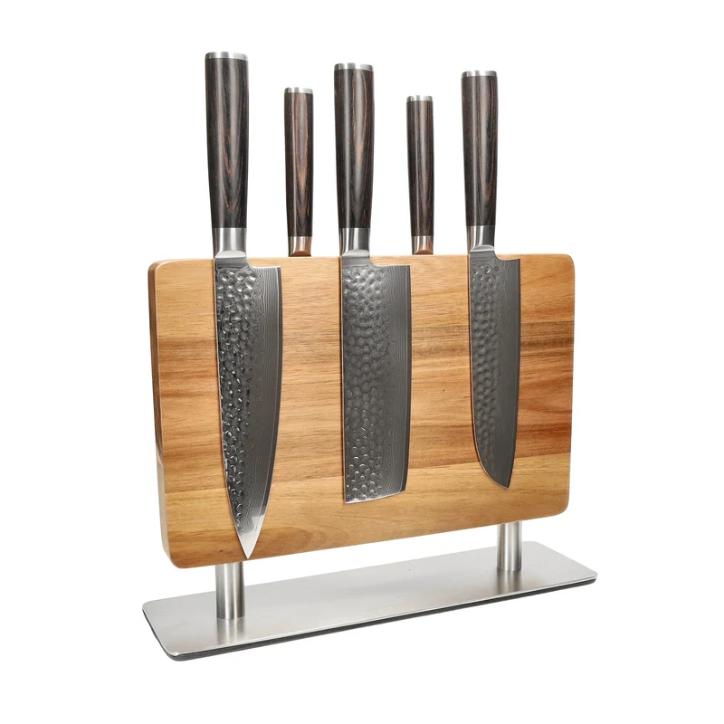 Shinrai Knives - Juego de 5 cuchillos de damasco martillado BR + bloque de cuchillos