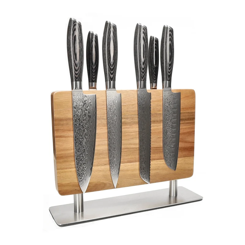 Shinrai Knives - Juego de 6 cuchillos de madera de pakka de damasco + punzón para bloque de cuchillos