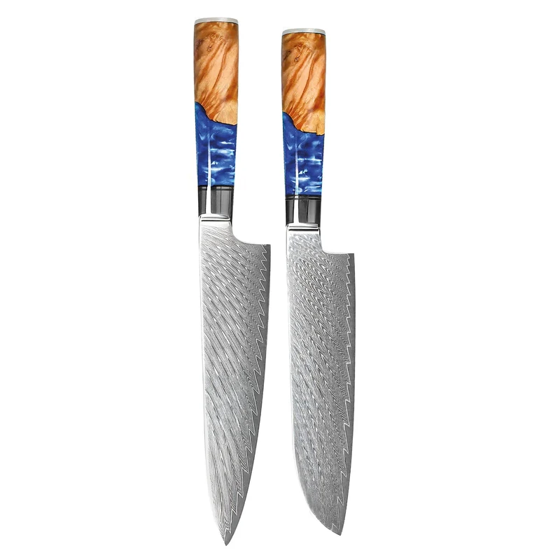 Shinrai Knives - Juego de 2 cuchillos de Damasco con zafiro epoxi - Cuchillo de chef + Cuchillo Santoku