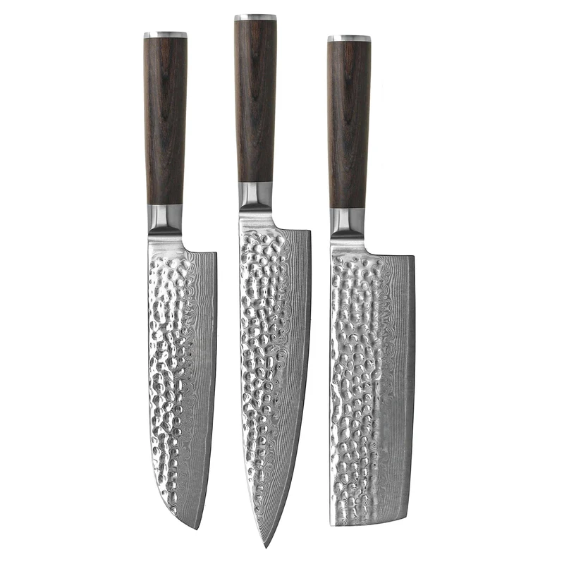 Shinrai Knives - Juego de 3 cuchillos de damasco martillado BR: cuchillo de chef, nakiri y santoku