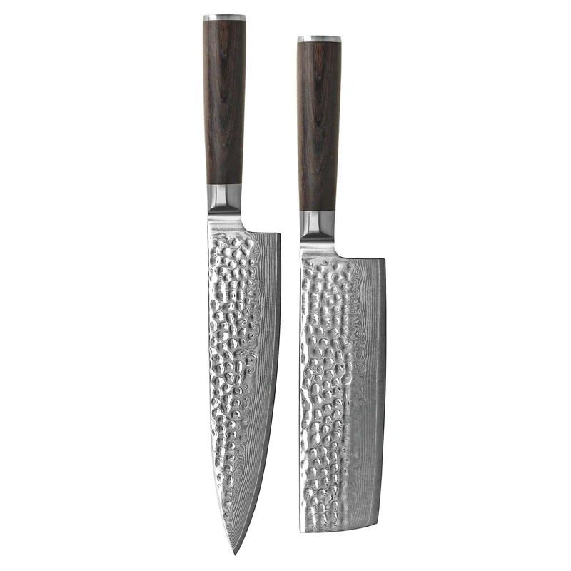 Shinrai Knives - Juego de 2 cuchillos de damasco martillado BR - Cuchillo de chef + nakiri