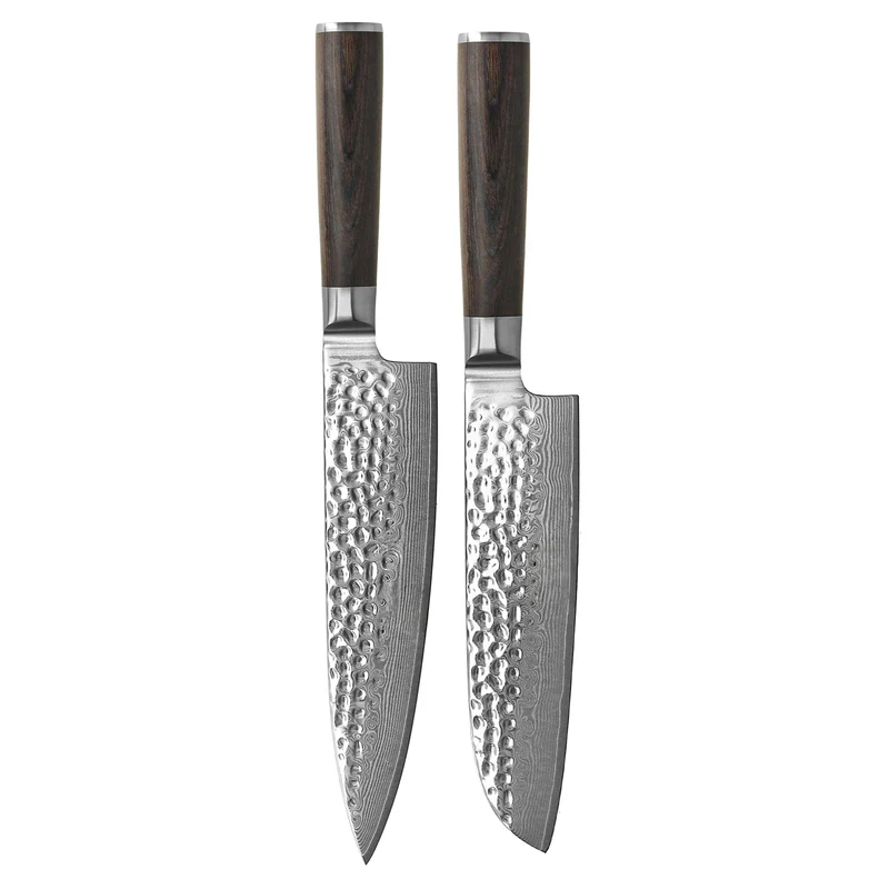 Shinrai Knives - Juego de 2 cuchillos de damasco martillado BR - Cuchillo de chef + Cuchillo Santoku
