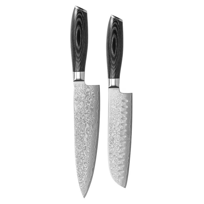 Shinrai Knives - Juego de cuchillos de madera Damasco Pakka de 2 piezas - Cuchillo de chef + cuchillo Santoku