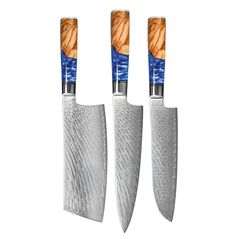 Shinrai Knives - Juego de 3 cuchillos de Damasco con zafiro epoxi: cuchillo de chef, nakiri y santoku