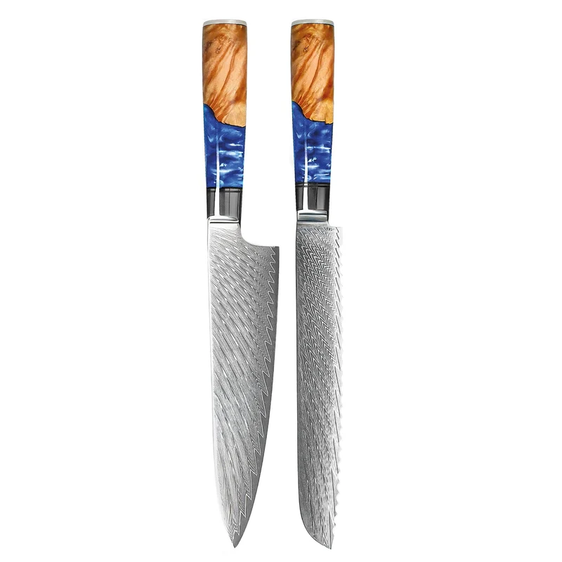 Shinrai Knives - Juego de 2 cuchillos de Damasco de zafiro epoxi: cuchillo de chef y cuchillo de pan