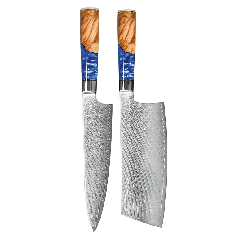 Shinrai Knives - Juego de 2 cuchillos de Damasco de zafiro epoxi - Cuchillo de chef + nakiri