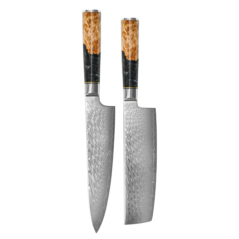 Shinrai Knives - Juego de 2 cuchillos de Damasco de ónix epoxi - Cuchillo de chef + Nakiri