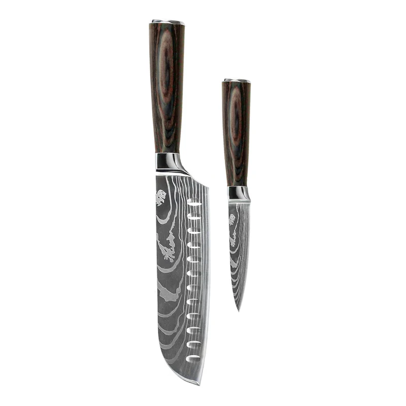 Shinrai Knives - Juego de 2 cuchillos con estampado de Damasco: Santoku y cuchillo para pelar