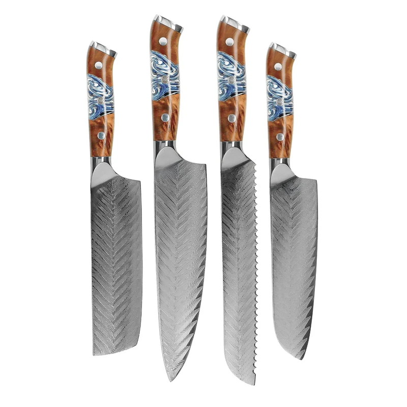 Shinrai Knives - Juego de 4 cuchillos de Damasco Eclipse: cuchillo de chef, nakiri, santoku y cuchillo de pan