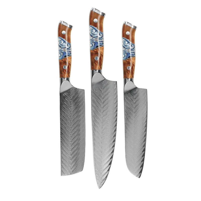 Shinrai Knives - Juego de cuchillos Damasco Eclipse de 3 piezas - Cuchillo de chef + Nakiri + Santoku