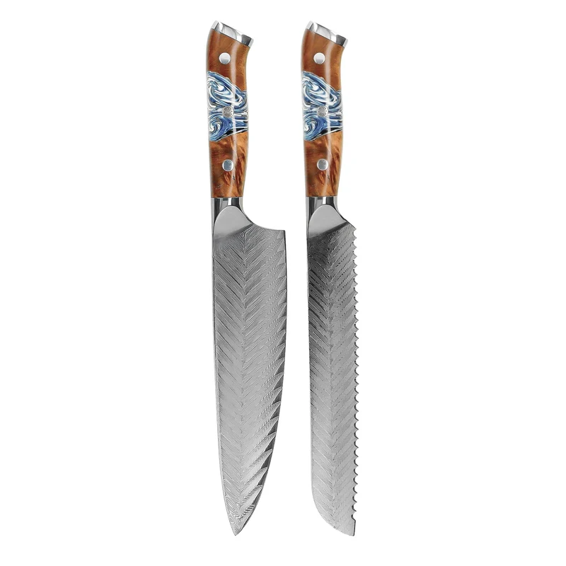 Shinrai Knives - Juego de 2 cuchillos de Damasco Eclipse: cuchillo de chef y cuchillo de pan