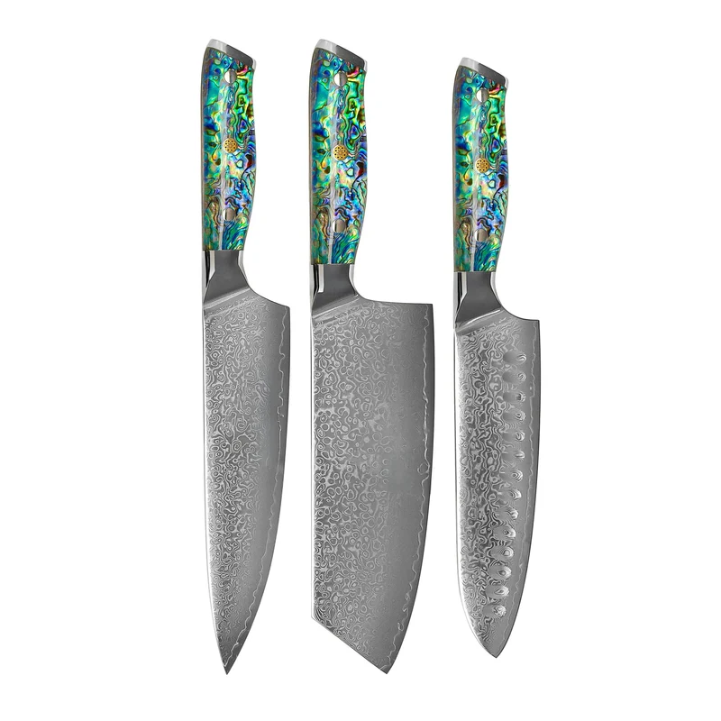 Shinrai Knives - Juego de 3 cuchillos de Damasco con joyas de nácar: cuchillo de chef, nakiri y santoku