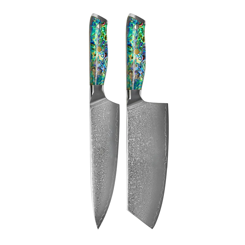 Shinrai Knives - Juego de 2 cuchillos de Damasco con joyas de nácar - Cuchillo de chef + nakiri