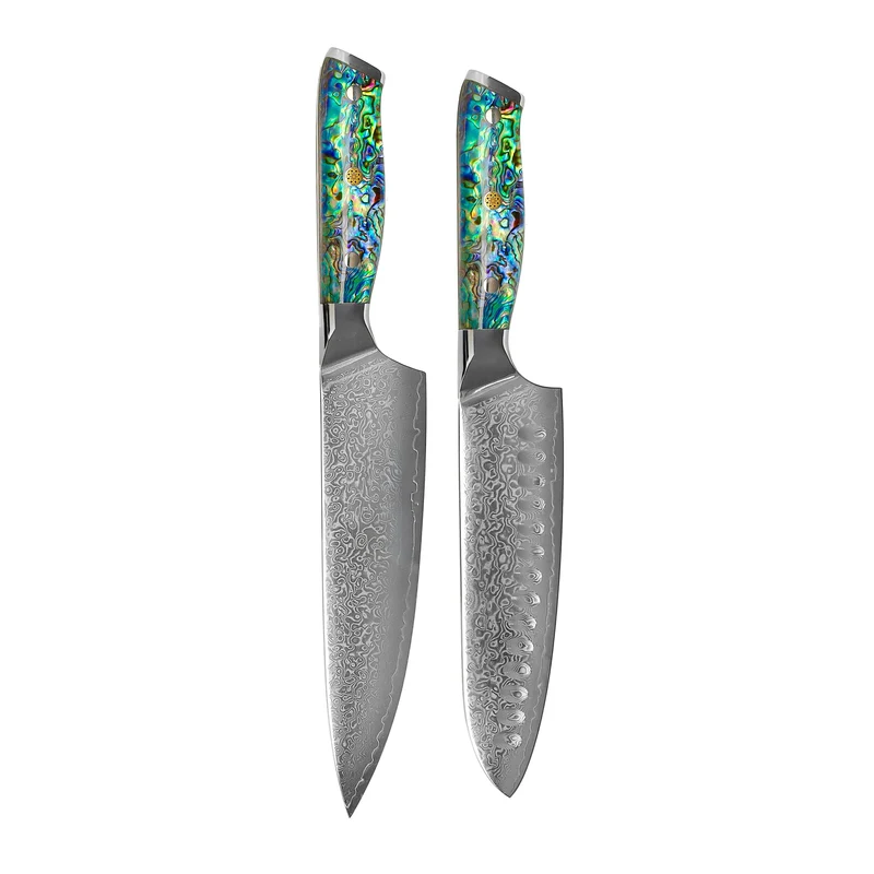 Shinrai Knives - Juego de 2 cuchillos de Damasco con joyas de nácar - Cuchillo de chef + cuchillo Santoku