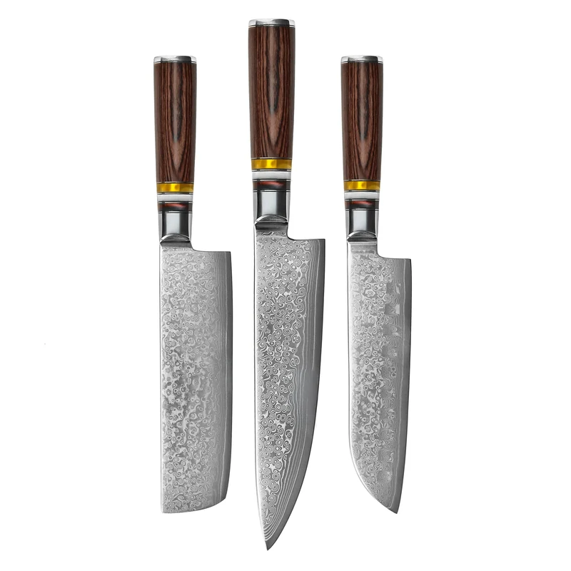 Shinrai Knives - Juego de cuchillos Micarta Jewels 3 piezas - Cuchillo Chef + Nakiri + Santoku