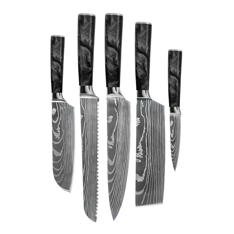 Shinrai Knives - Juego de 5 cuchillos de ónix epoxi con estampado de Damasco: cuchillo de chef, cuchillo de pan, nakiri, santoku pequeño y cuchillo para pelar
